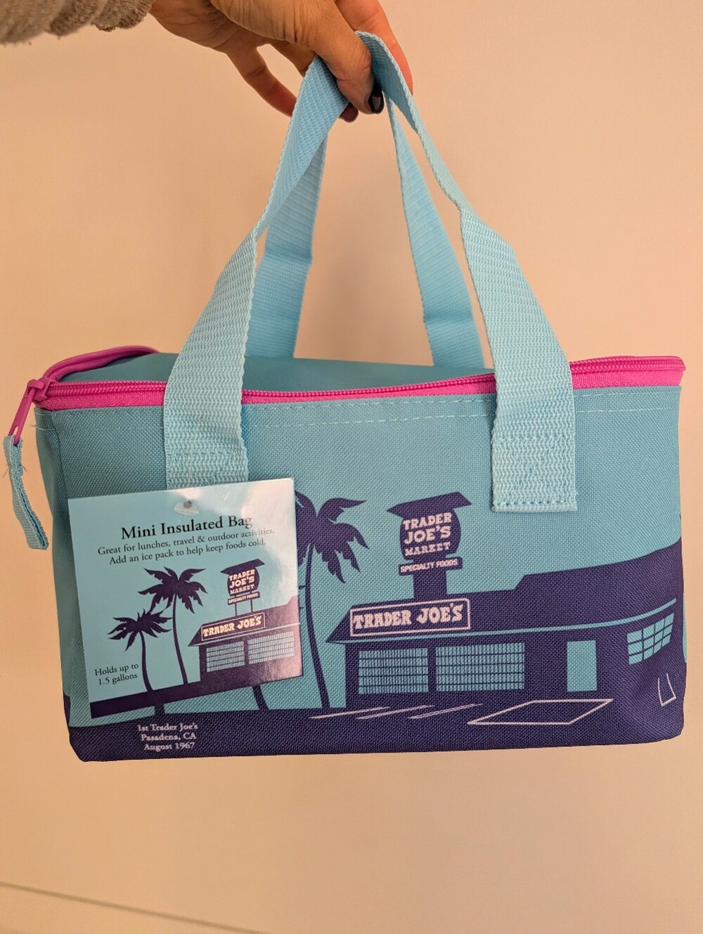 *NEW* Trader Joe’s Mini Insulated Tote Bag - Ice Blue with Pink Zipper